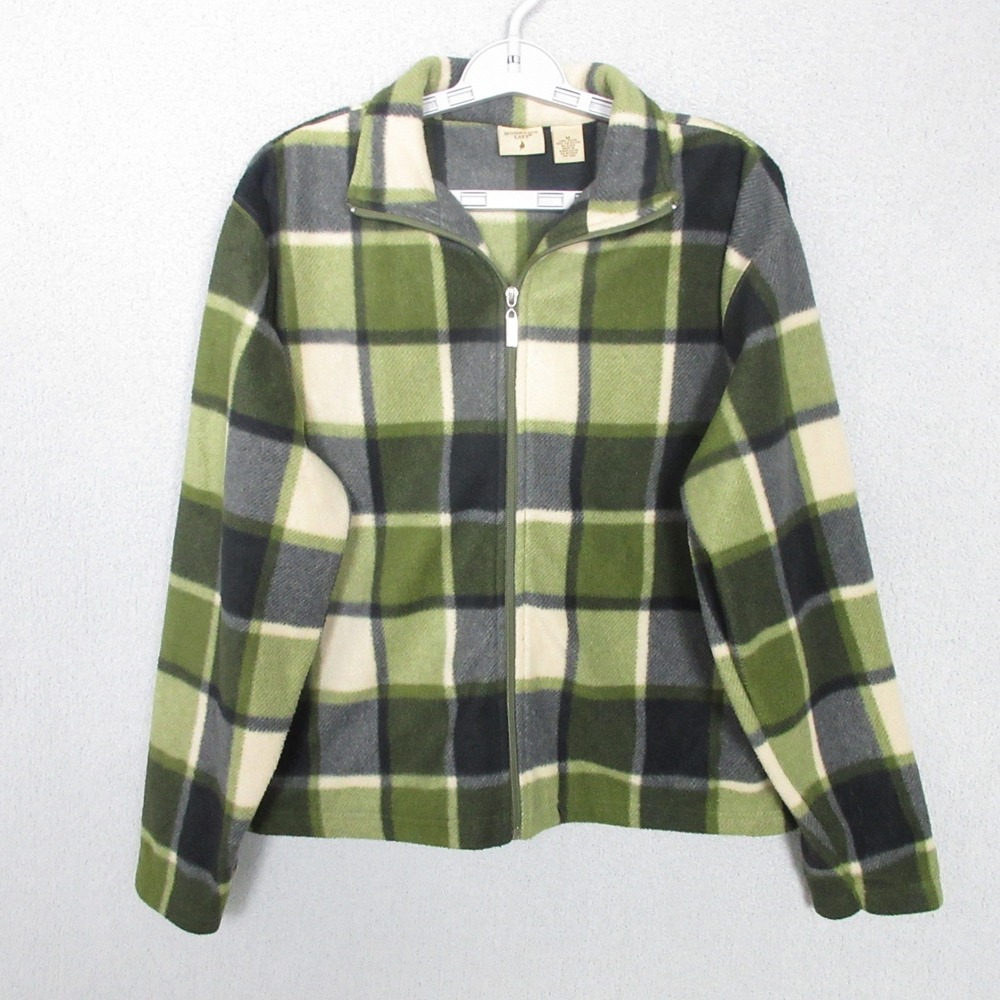 Mountain Lake Plaid Fleece Full Zip Jacket Men's Medium‎ Green Black Cream